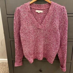 Loft v-neck sweater, pink and white marled, size M